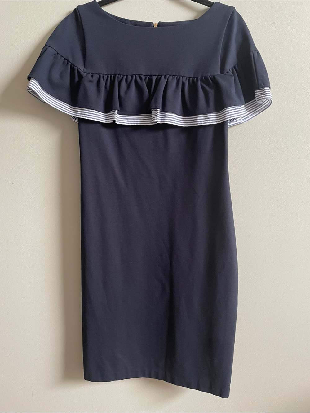 Eliza J Navy Midi Dress with Striped Ruffle
